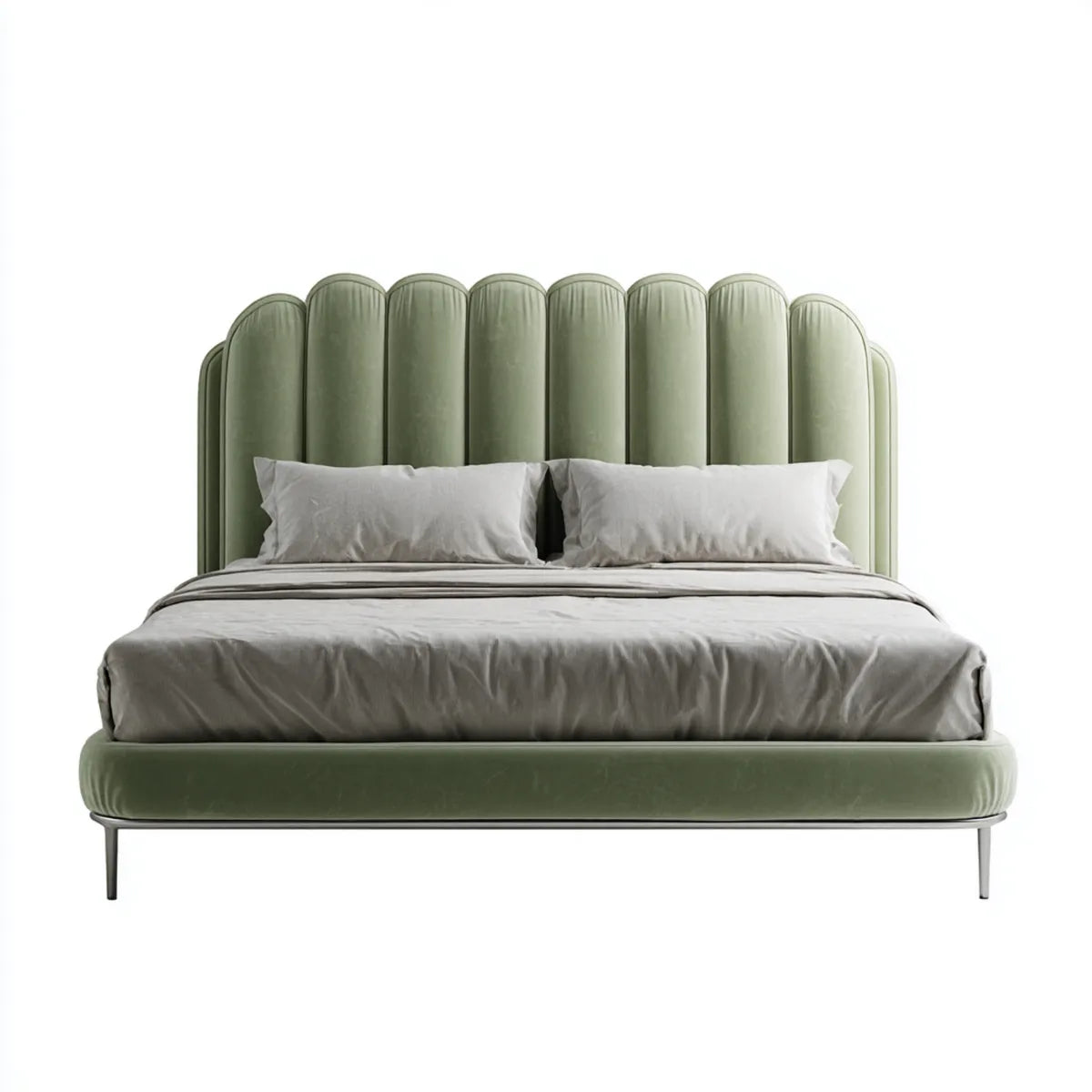 Doppelbett Polsterbett Salbeigrün 180 x 200 cm Polyestersamt mit abgerundetem Kopfteil