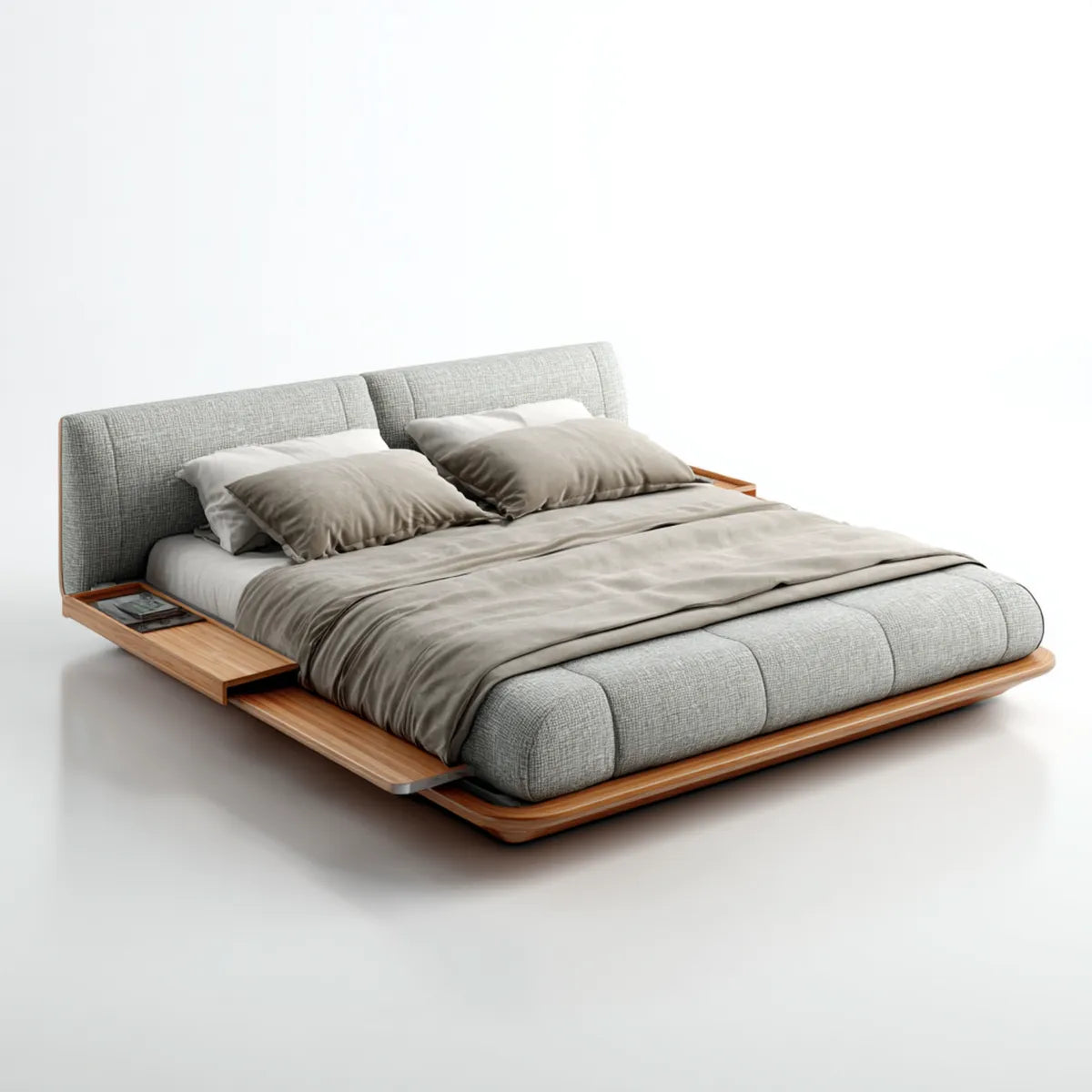 Polster-Doppelbett mit Ablageflächen Hellgrau Naturbraun 180 x 200 cm Polyester Massivholz Rechteckig