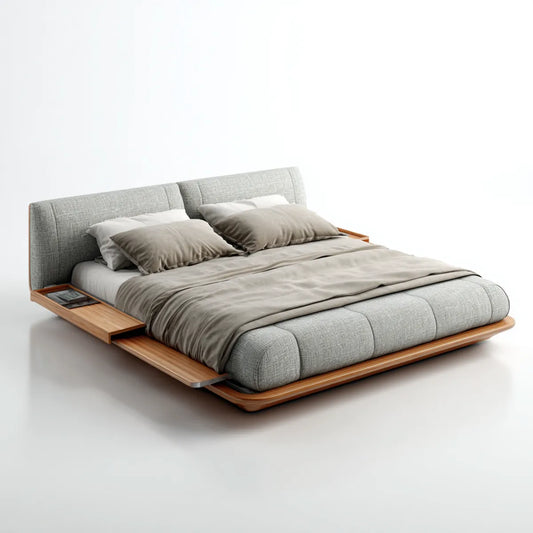 Polster-Doppelbett mit Ablageflächen Hellgrau Naturbraun 180 x 200 cm Polyester Massivholz Rechteckig