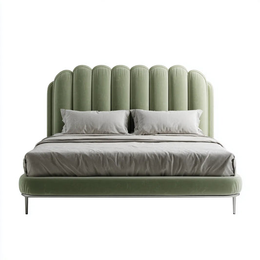 Doppelbett Polsterbett Salbeigrün 180 x 200 cm Polyestersamt mit abgerundetem Kopfteil