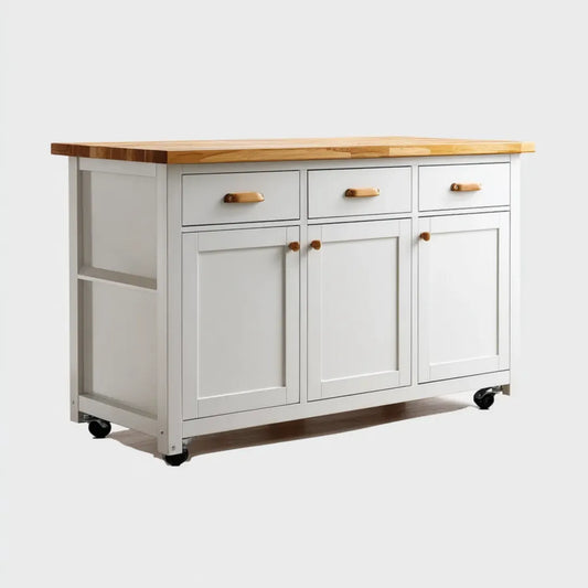 Rollbare Kücheninsel Weiß Natur 152.4 x 76.2 x 91.4 cm aus MDF und Gummibaum-Massivholz rechteckig